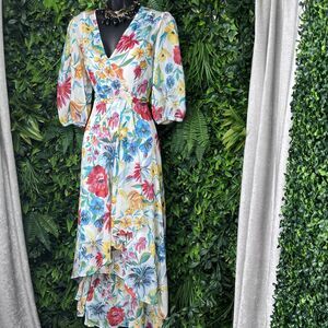 CALVIN KLEIN Dress Women 2 White Floral Layered HI Low Hem Faux Wrap Flowy 2135